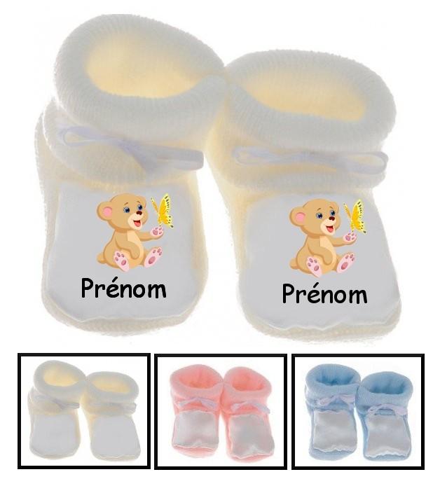 Chaussons bébé Ourson papillon prénom personnalisés