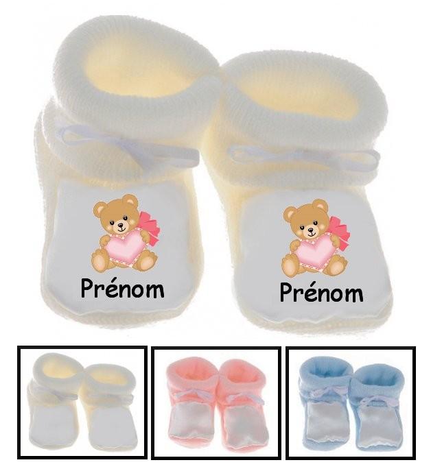 Chaussons bébé Ours coeur flot prénom personnalisés