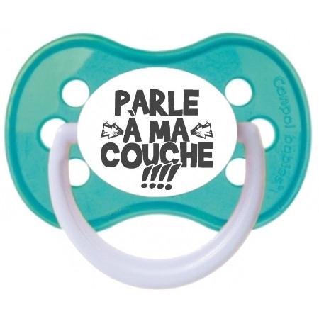 Sucette bébé humour "parle à ma couche"