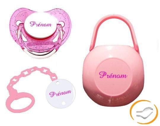 Lot Sucette attache et boite (paillette rose)