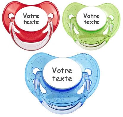 Sucettes personnalisées à paillettes (bleu, rouge, verte)